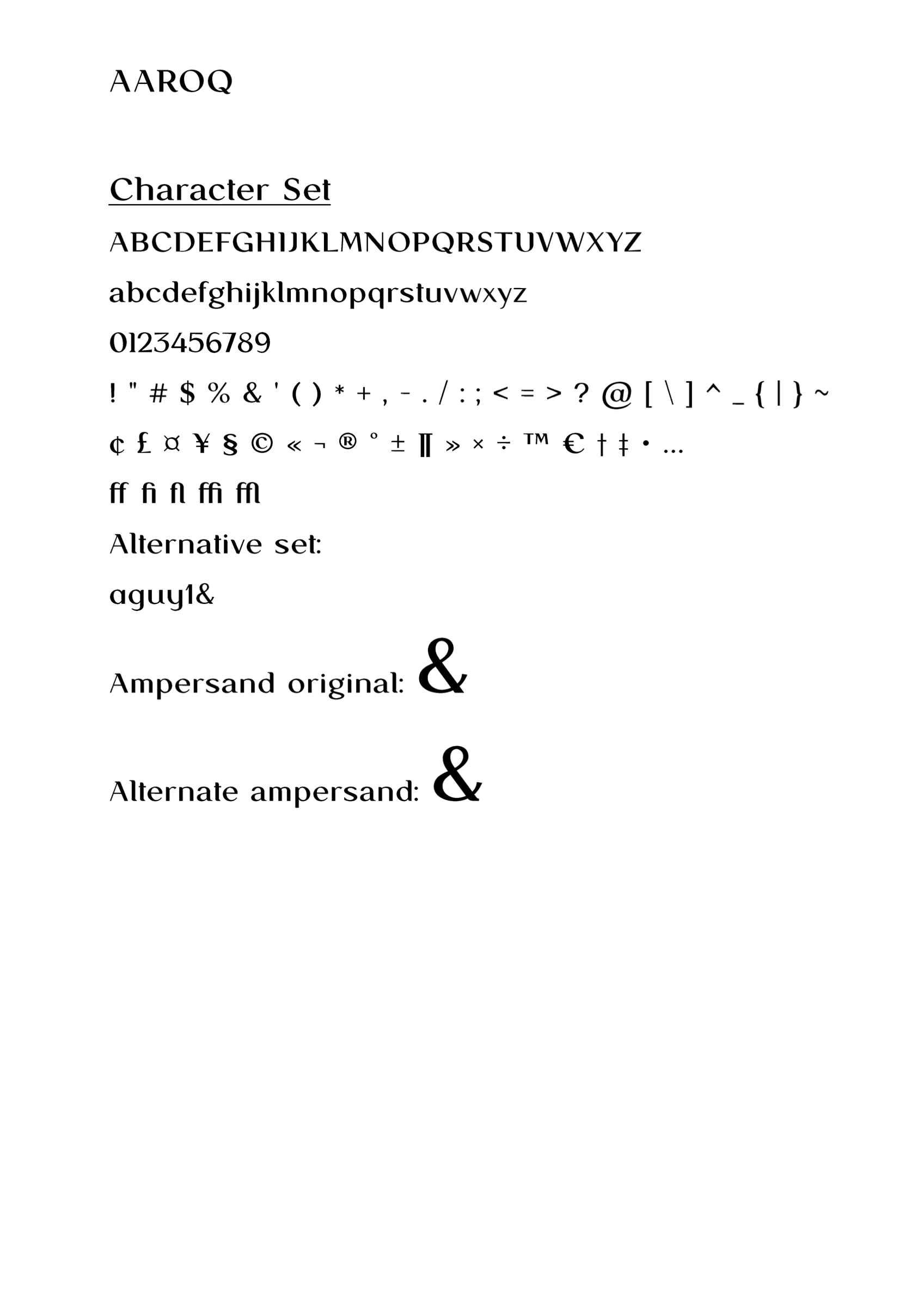 AAROQ character set specimen showing uppercase, lowercase, numerals, punctuation, ligatures, and alternate glyphs